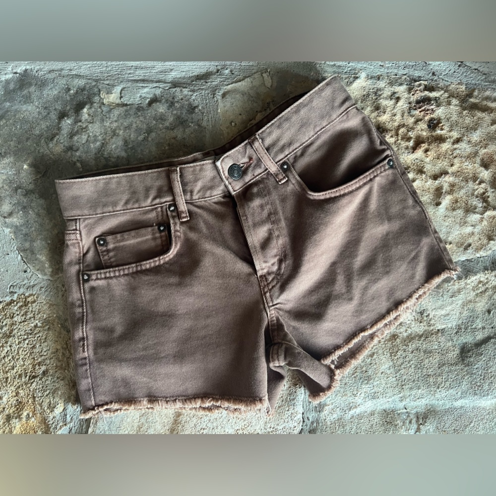 Free People Tan Button Fly Denim Raw Edge Shorts